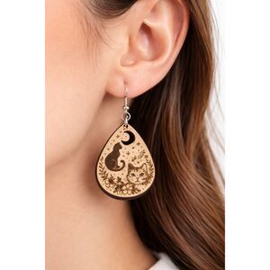 Celestial Cat Teardrop Earrings | Laser Engraved Wooden Moon & Floral Design